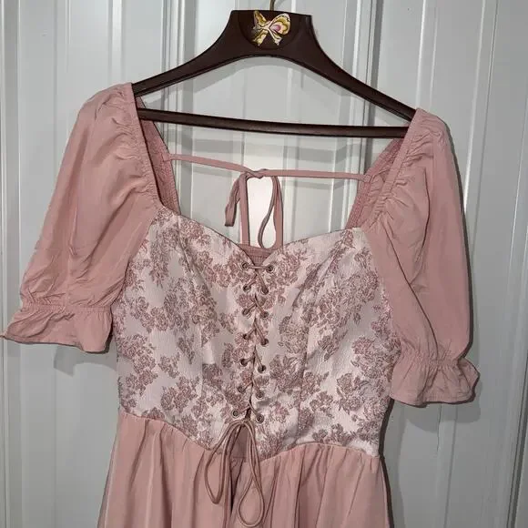 Fairycore Coquette Corset Lace Up Pink Mini Dress Puff Sleeve Cottagecore  Large - Picture 3 of 13